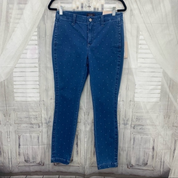 NYDJ Women Size 6 Blue Beach Polka Dot Ami Crop Skinny Jeans Mid Rise 27" Inseam - Picture 1 of 13
